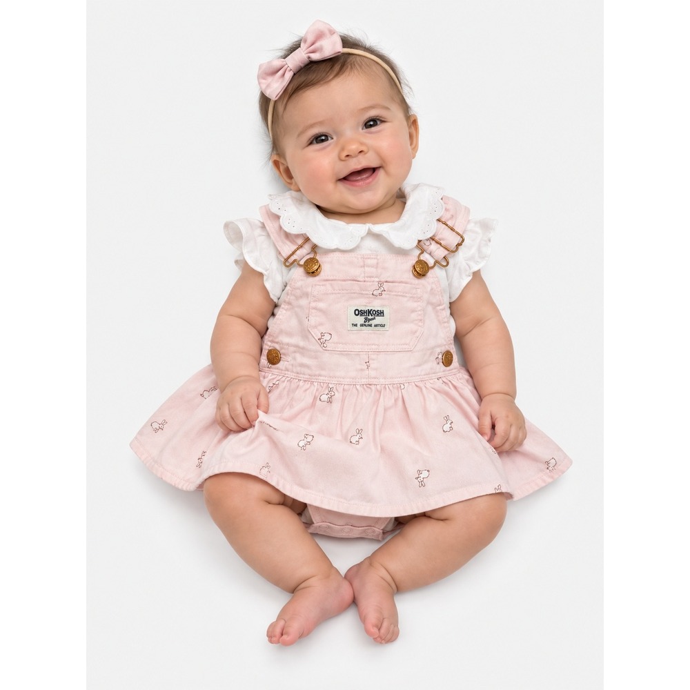 OshKosh Bgosh Baby Girl 3 M Pink Bunny Print Overall Dress Bodysuit Set